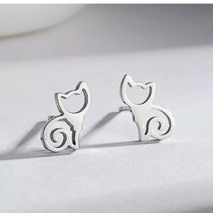 Stainless Steel Silver Cat Stud Earrings